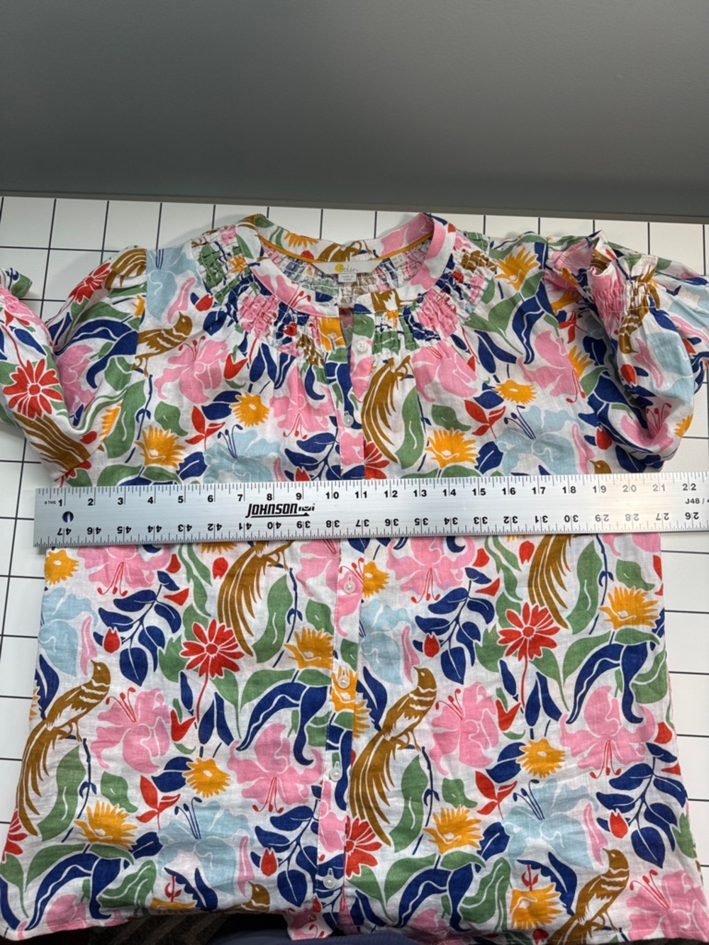 Boden Linen Floral Button-Front Top in Pink, Blue & Brown - Picture 6 of 7